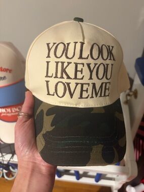 Cream & Camo Trucker Hat with 'YOU LOOK LIKE YOU LOVE ME' Embroidery